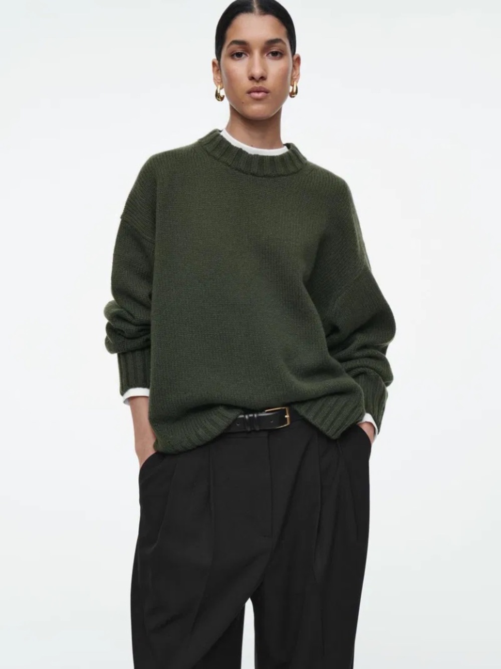 COS Chunky Pure Cashmere Crew Neck Sweater in Dark Khaki Size L
